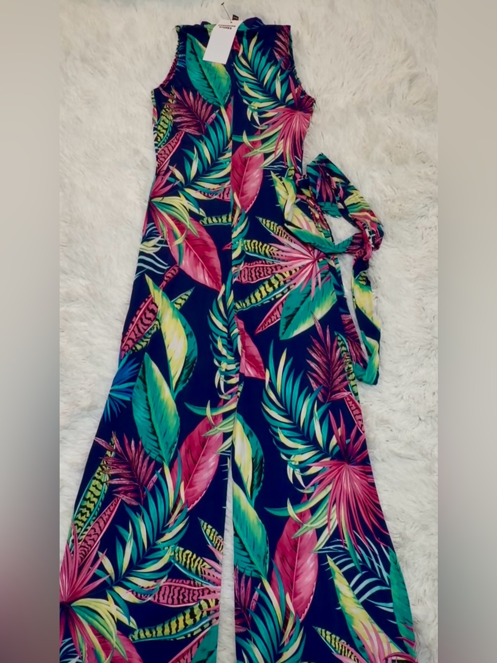Tropical Print Sleeveless Jumpsuit in Navy & Pink S